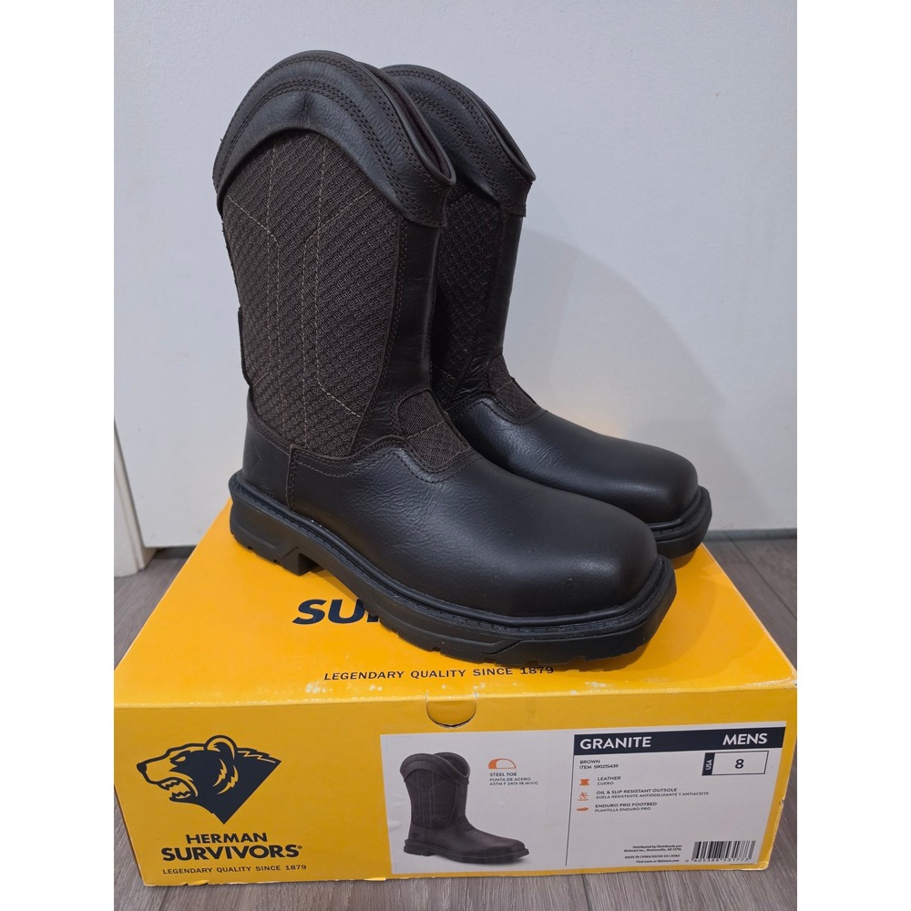 Herman Survivors Granite Mens Steel Toe Work Boots Brown Leather Pull On Size 8